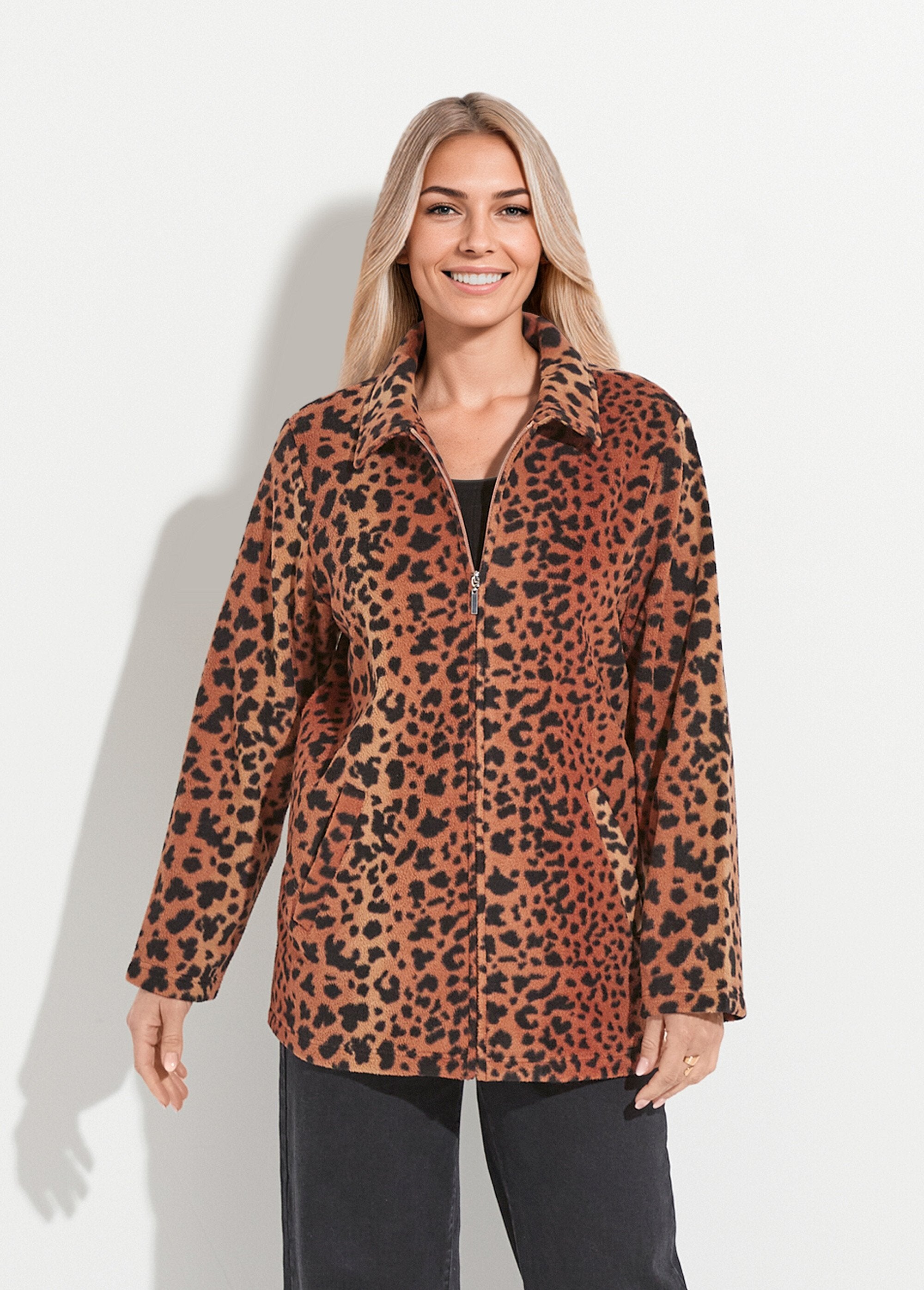 Zipped_printed_fleece_knit_jacket_Brown_and_black_FA1_slim