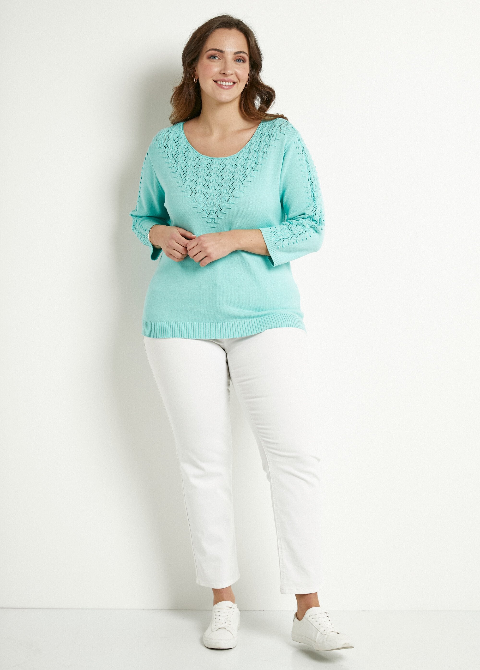 Soft_plain_round_neck_fancy_knit_sweater_Aqua_SF1_curvy