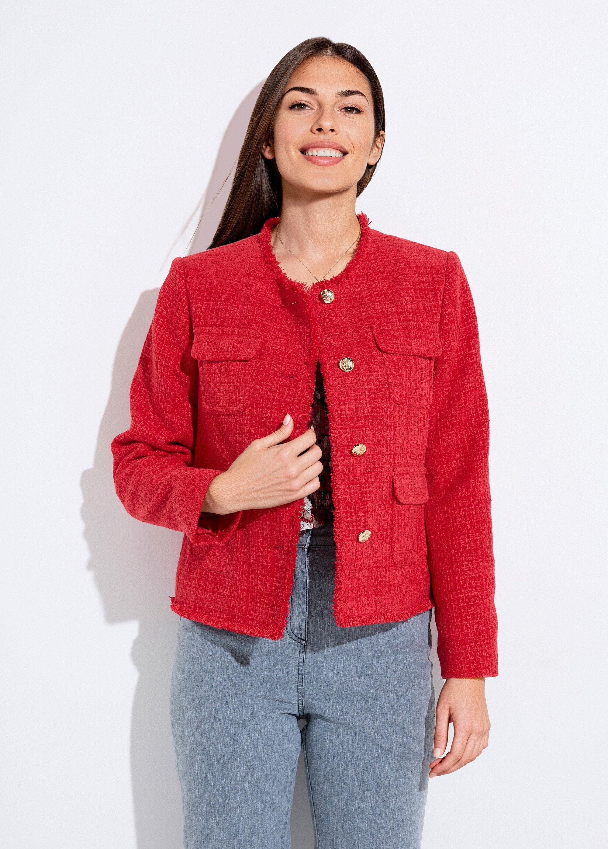 Fringed_button-down_collarless_tweed_jacket_Red_FA1_slim