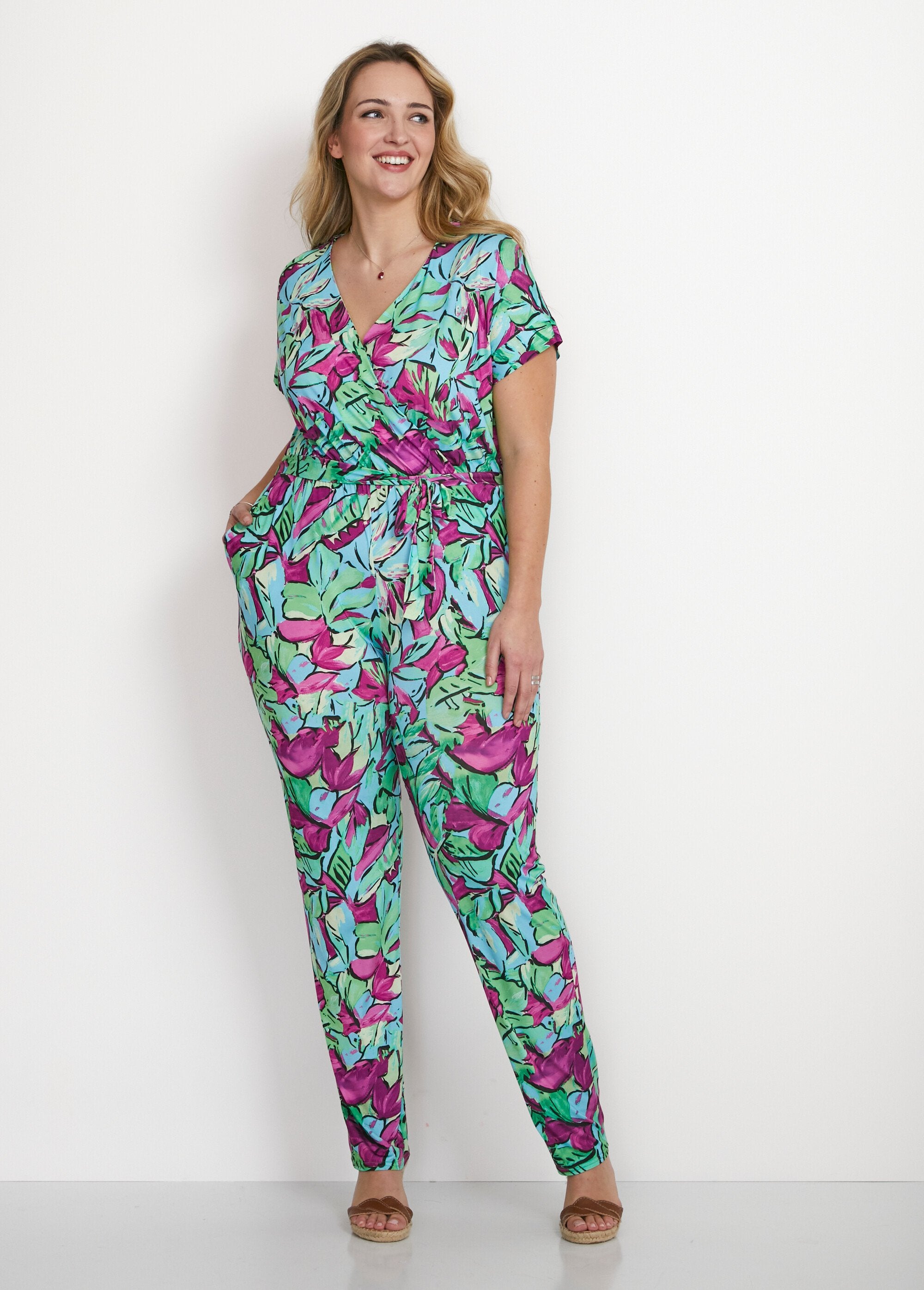 Stretch_mesh_jumpsuit_Green_and_fuchsia_FA1_curvy