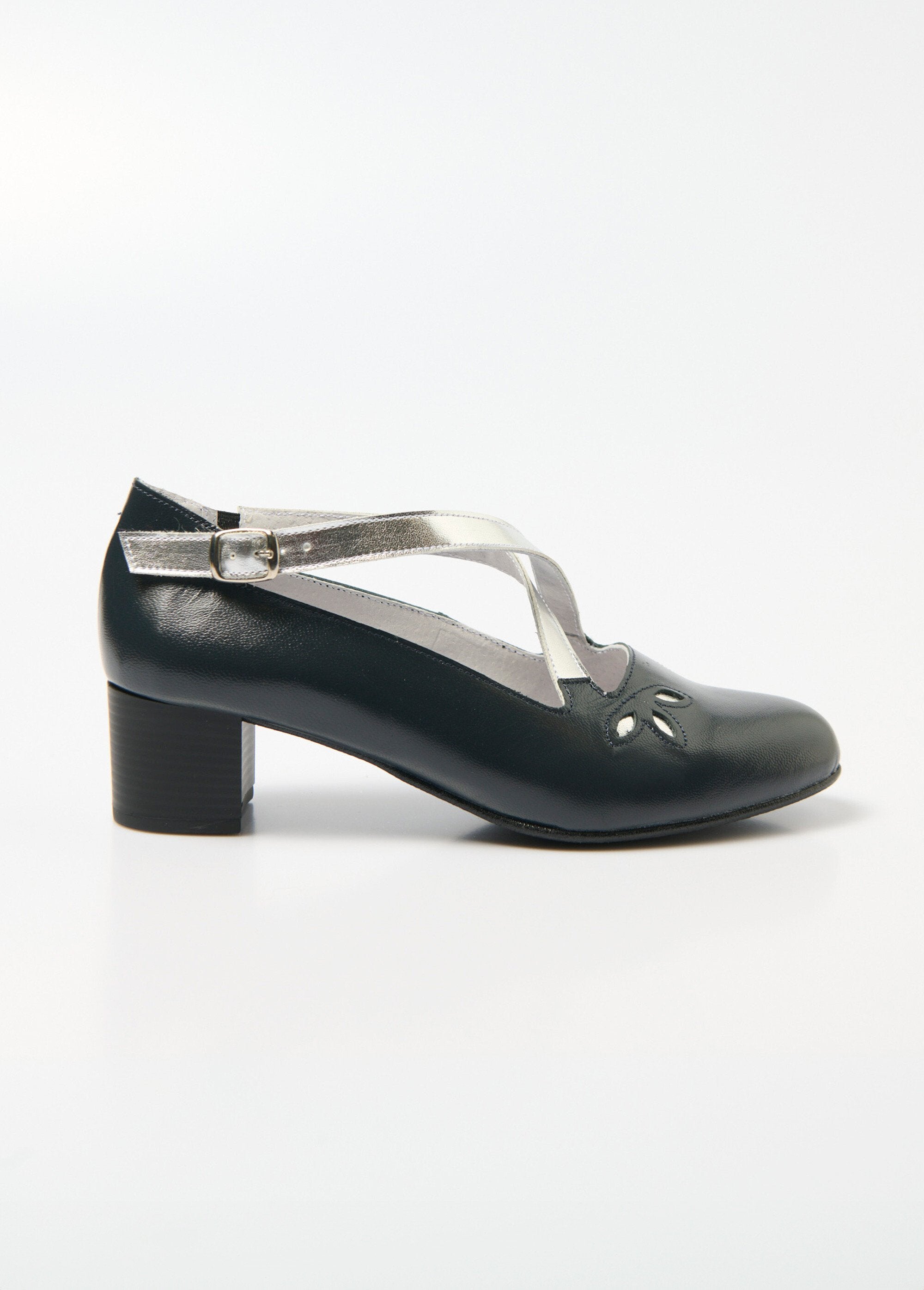 Comfort_width_leather_cross_strap_pumps_Navy_and_silver_DR1_slim