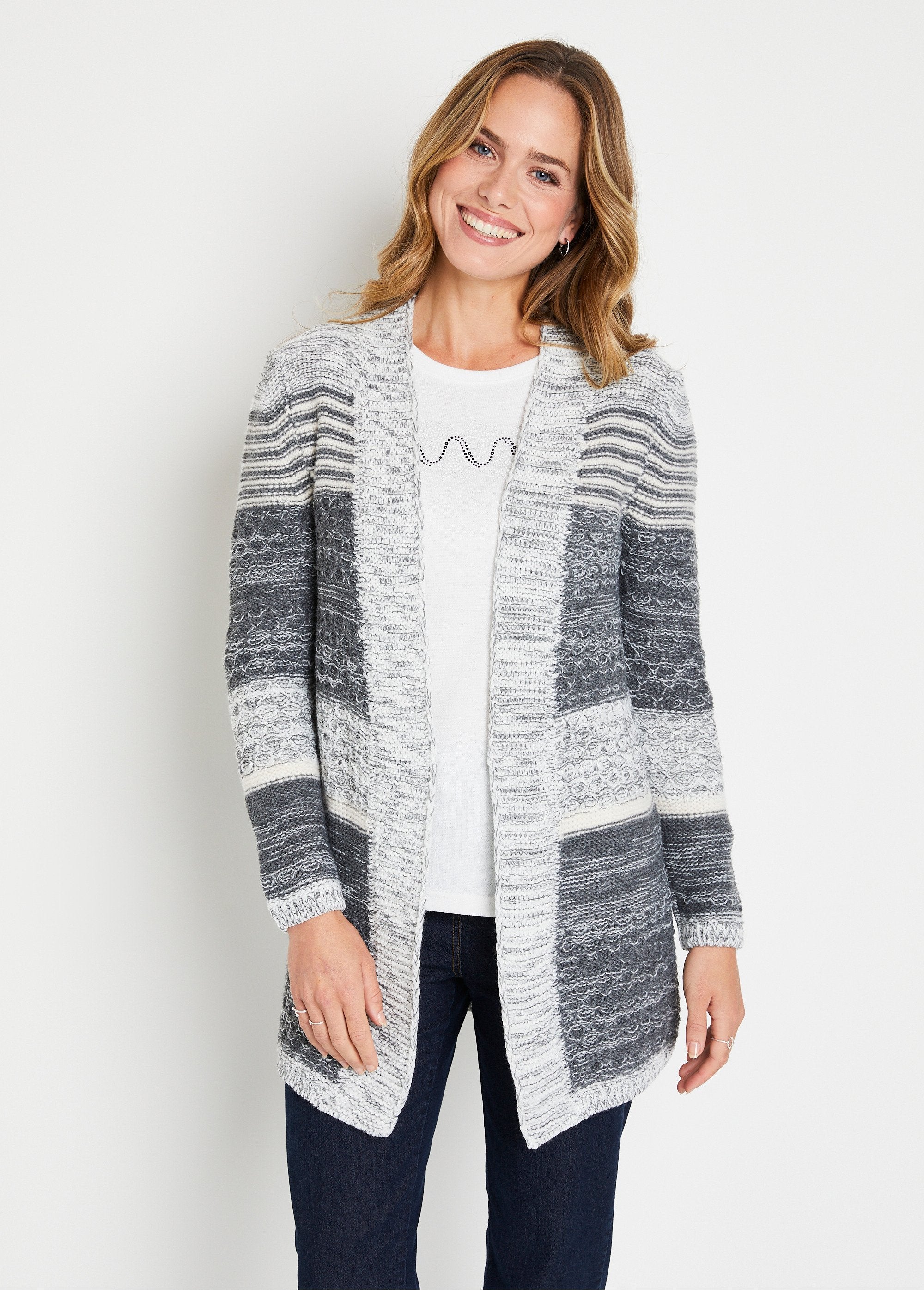 Edge-to-edge_striped_mottled_long_cardigan_Gray_and_ecru_FA1_slim