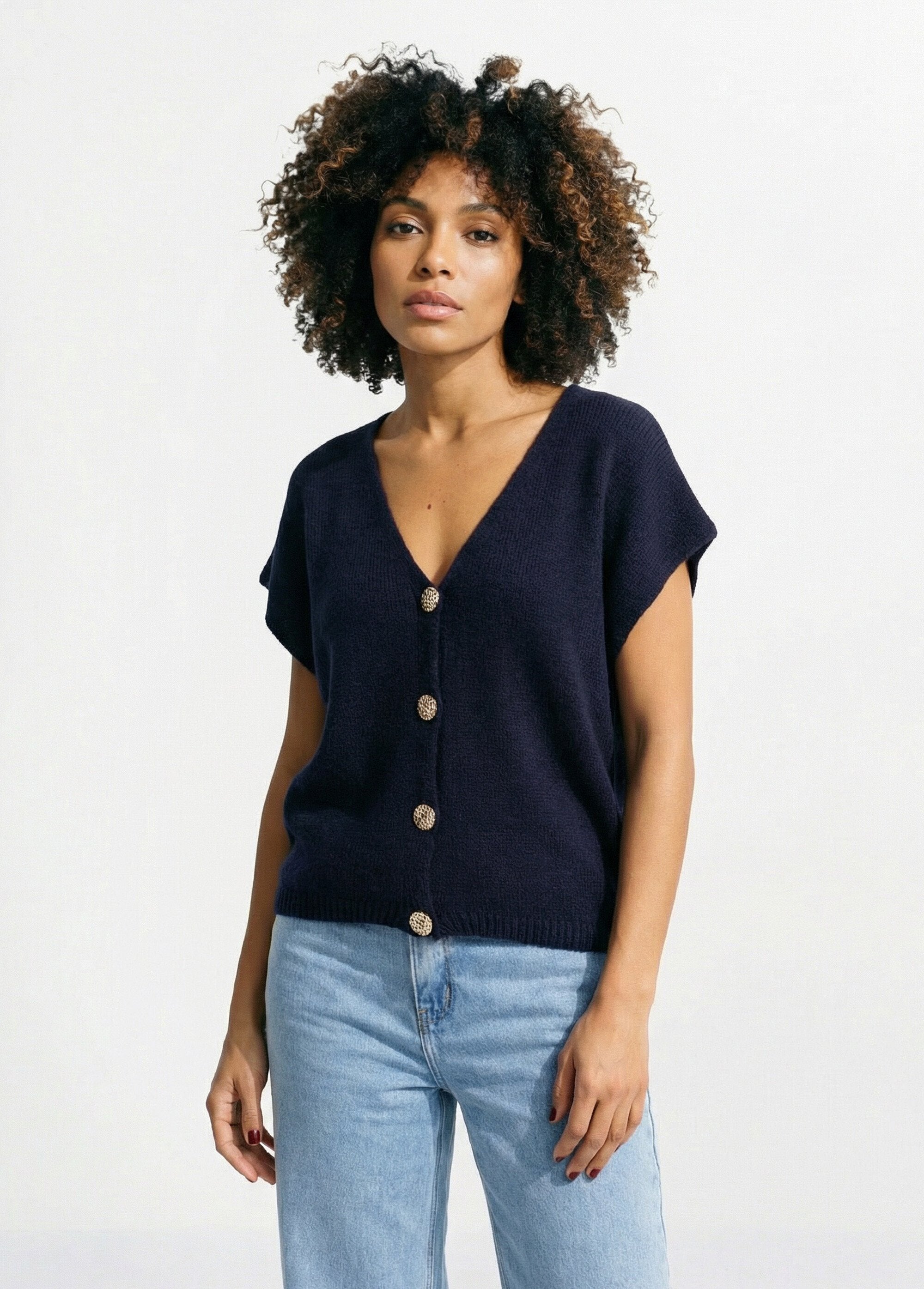 Gilet_manches_courtes_boutons_métallisés_Marine_FA1_slim