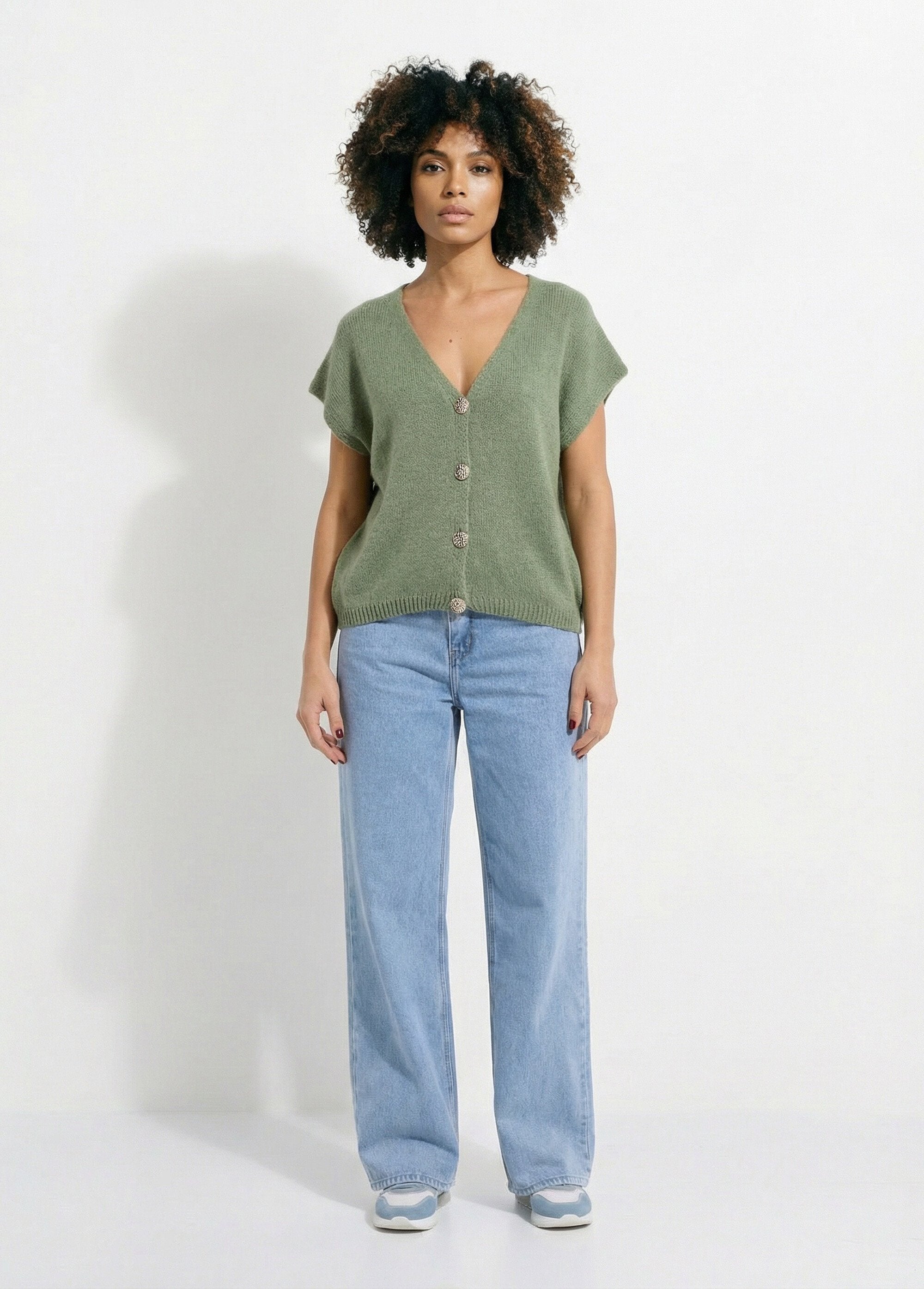 Gilet_manches_courtes_boutons_métallisés_Vert_tilleul_SF1_slim