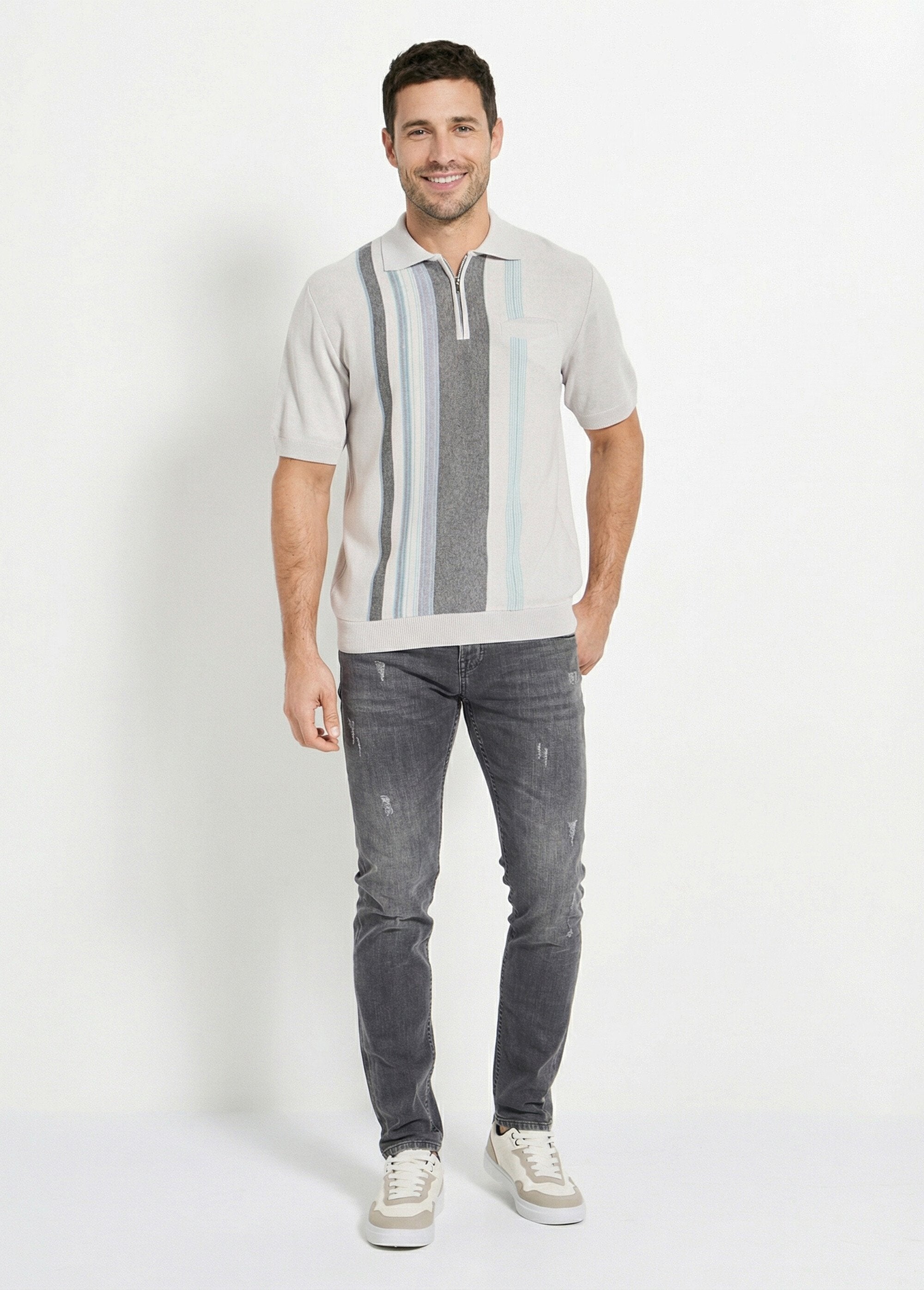 Short-sleeved_zipped_polo_shirt_with_jacquard_stripes_Gray_SF1_slim