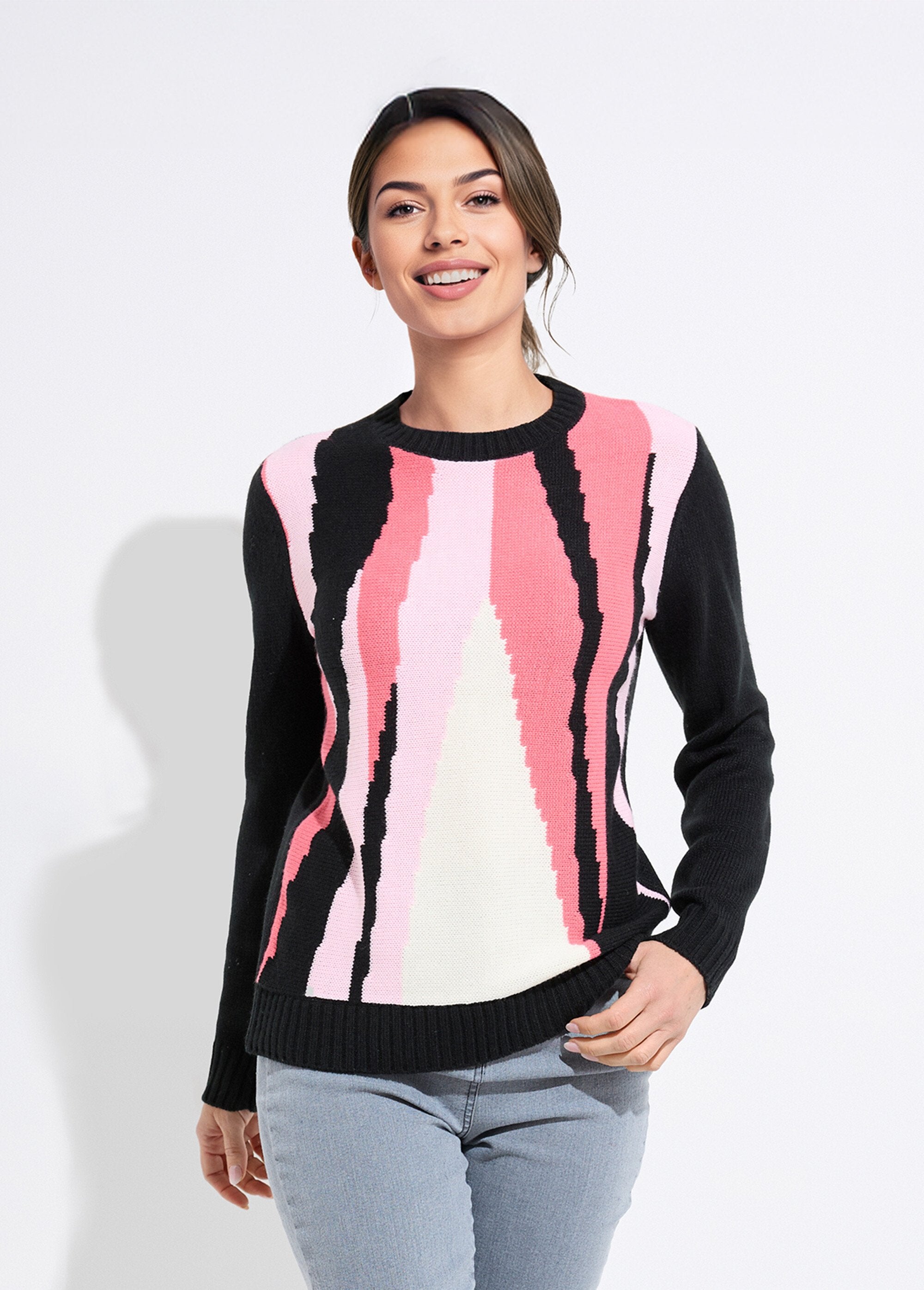 Pull_chaud_col_rond_jacquard_graphique_Noir_et_rose_FA1_slim