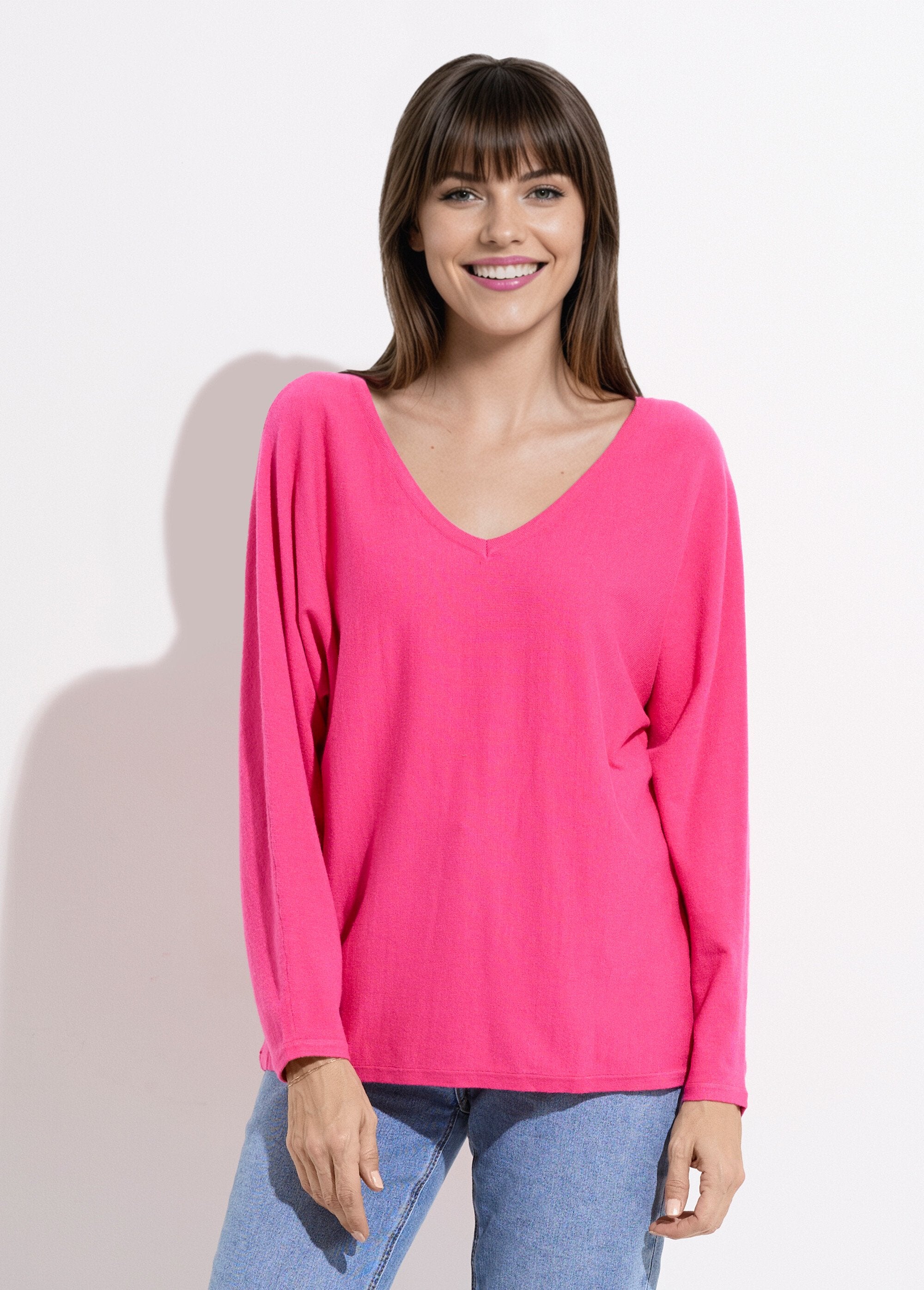 Pull_col_V_maille_fine_éco-responsable_Fuchsia_FA1_slim