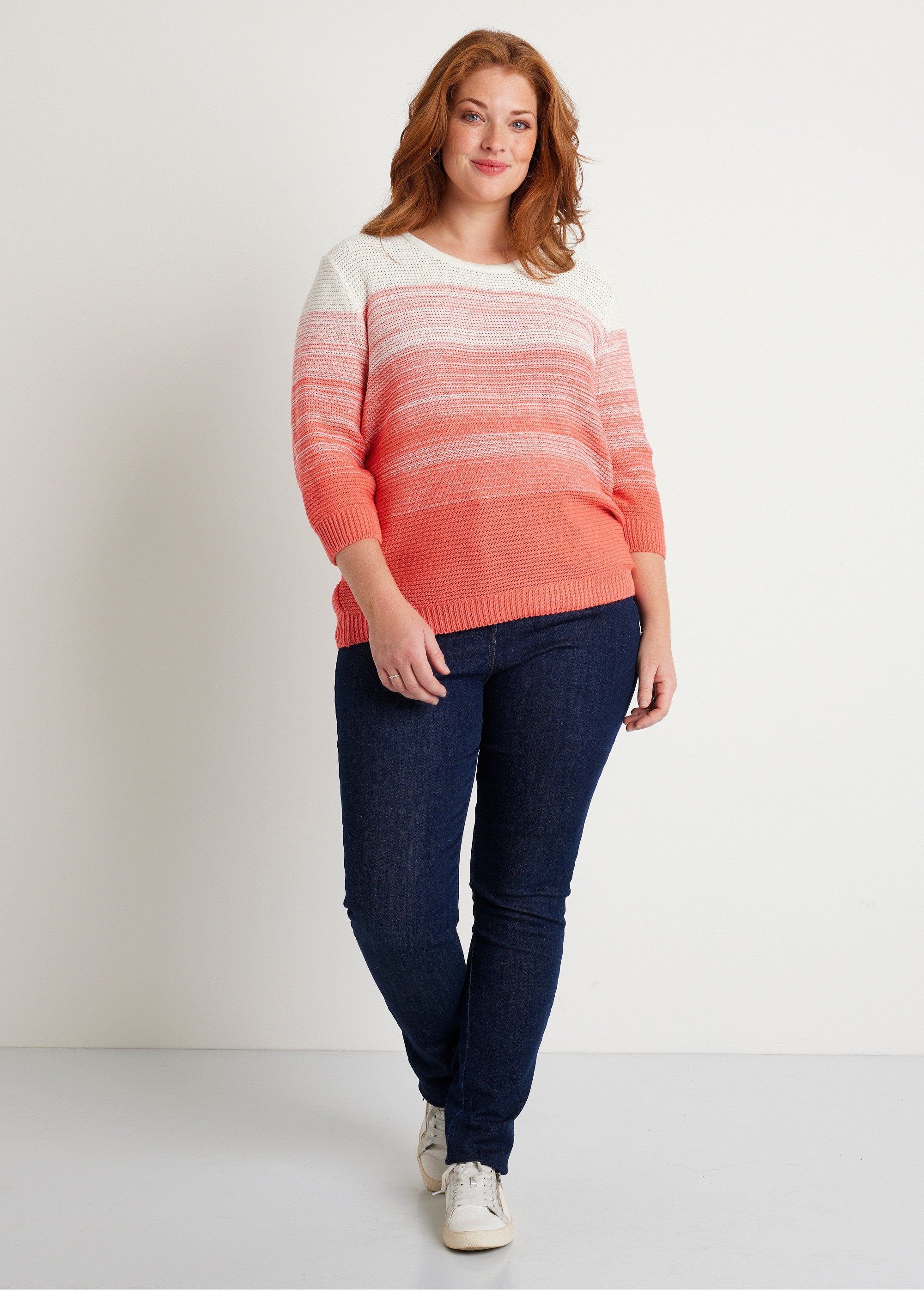 Soft_3/4_sleeve_cotton_sweater_White_and_coral_SF1_curvy