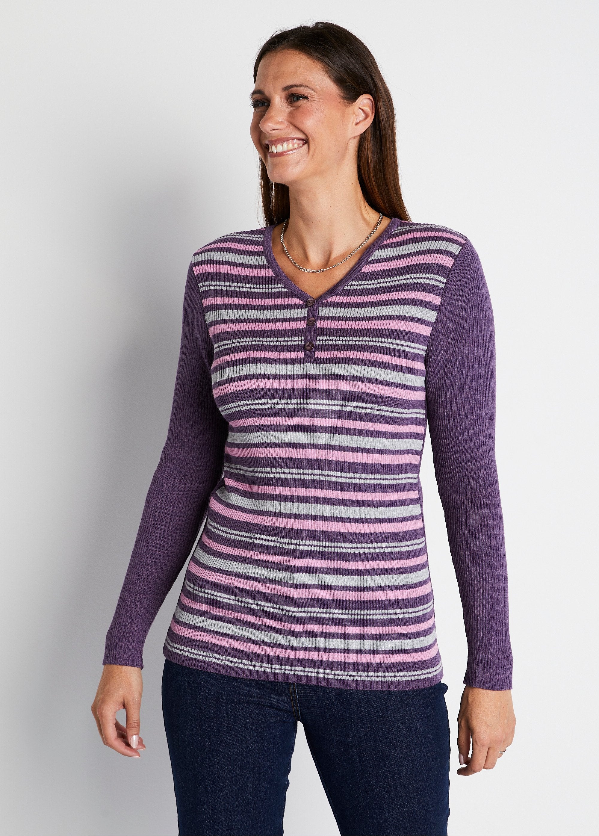 Tunisian_neckline_sweater_with_merino_wool_Plum_and_pink_stripes_FA1_slim