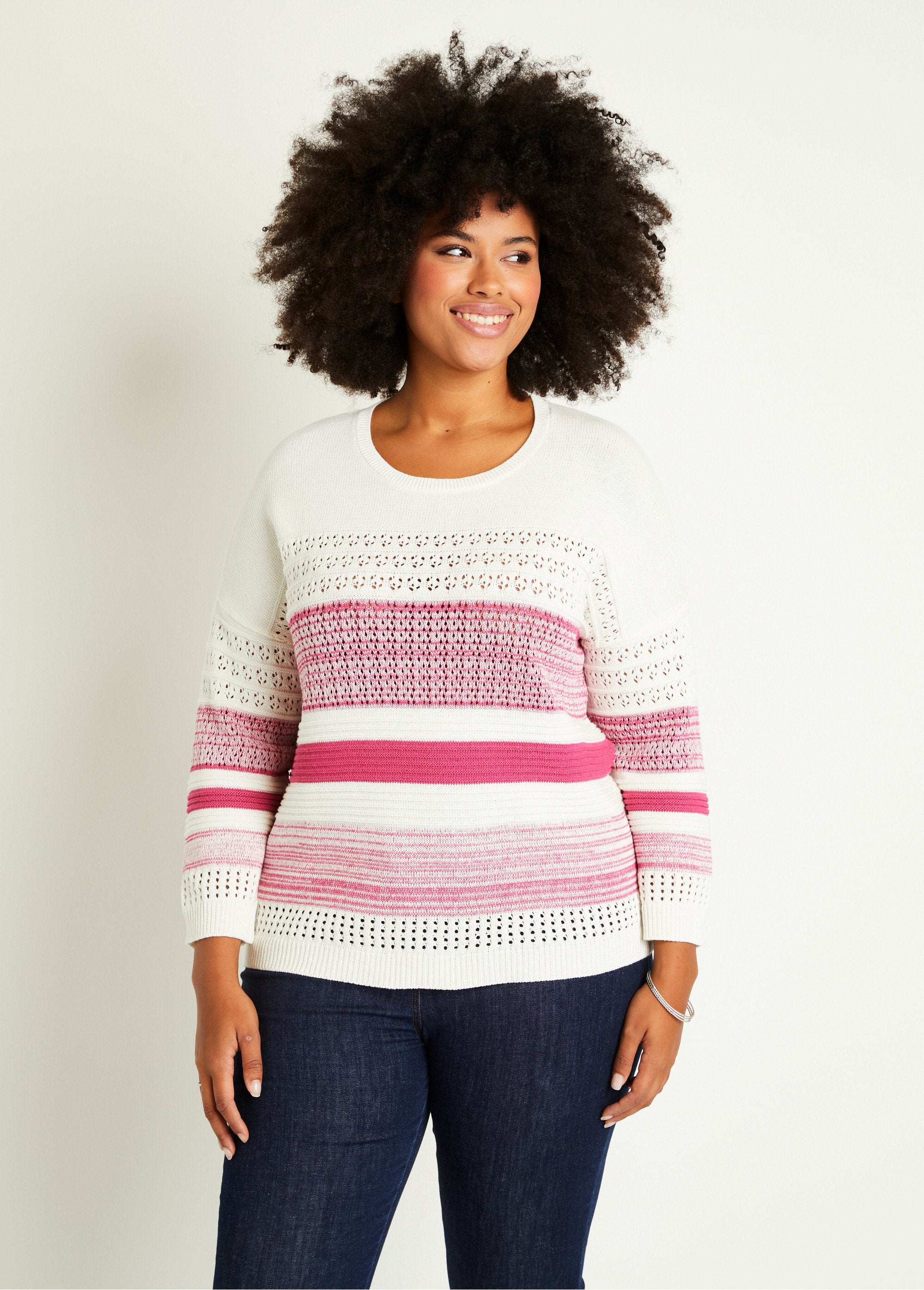 3/4_sleeve_openwork_cotton_blend_sweater_Fuchsia_FA1_curvy