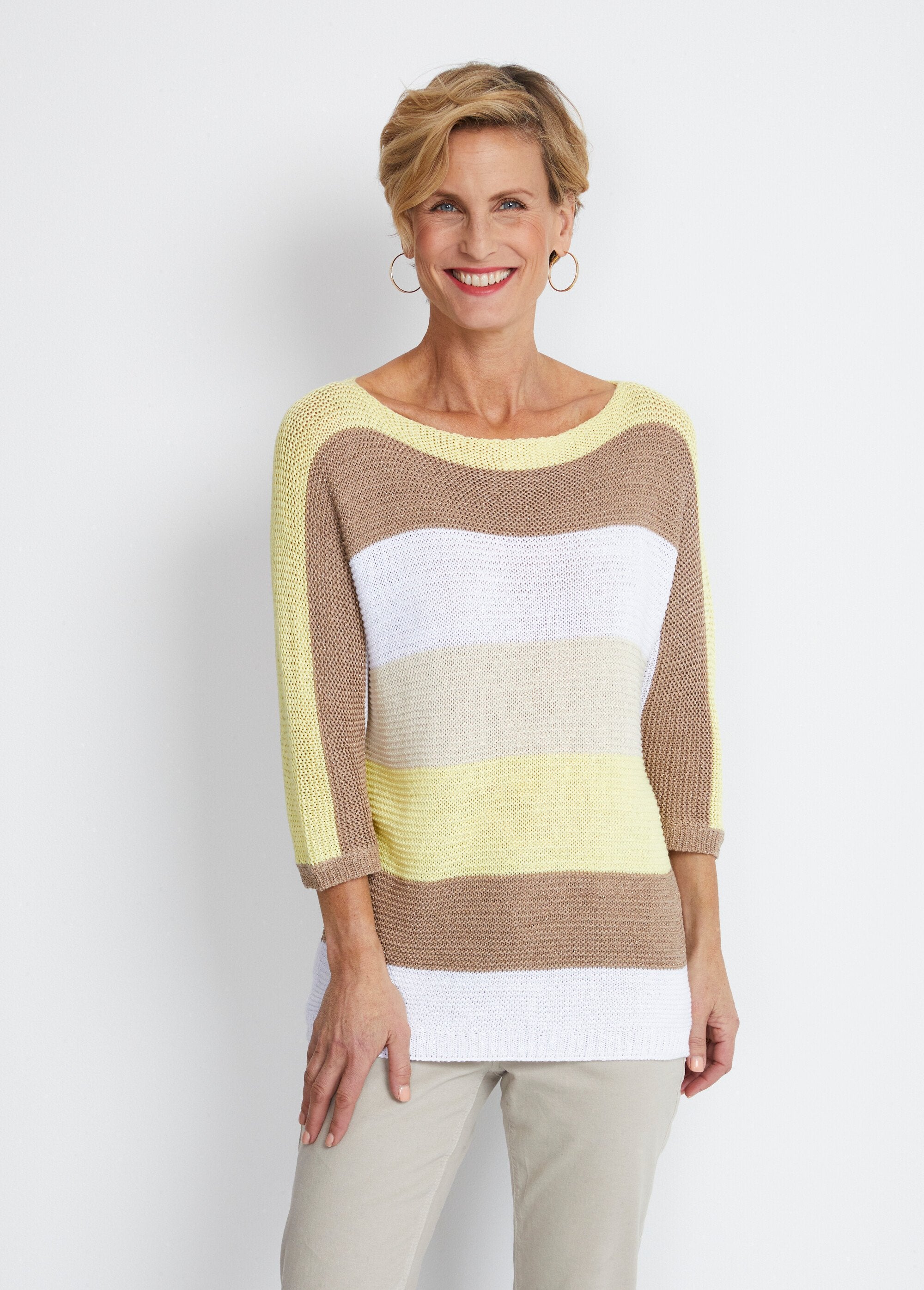 Striped_3/4_sleeve_garter_stitch_sweater_Yellow_and_gold_FA1_slim