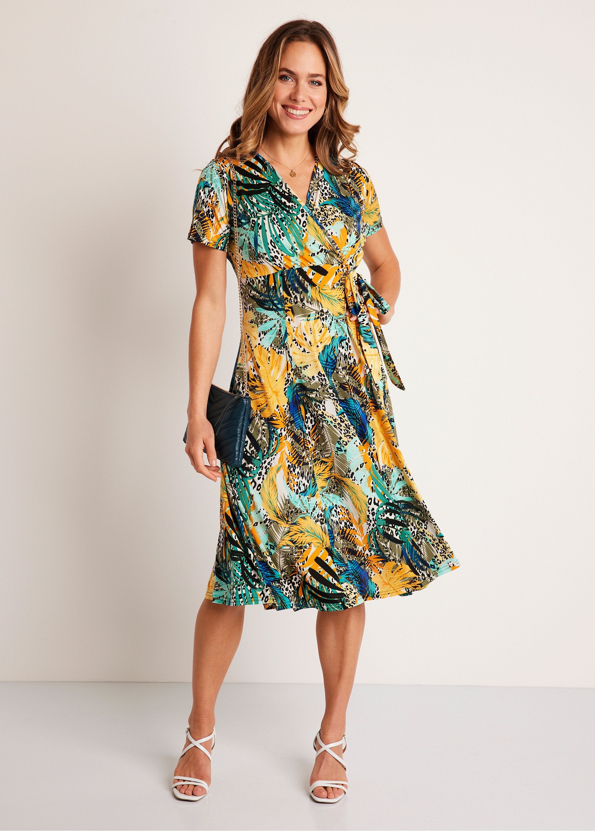 Short_floral_and_animal_skin_wrap_dress_Green_and_yellow_FA1_slim