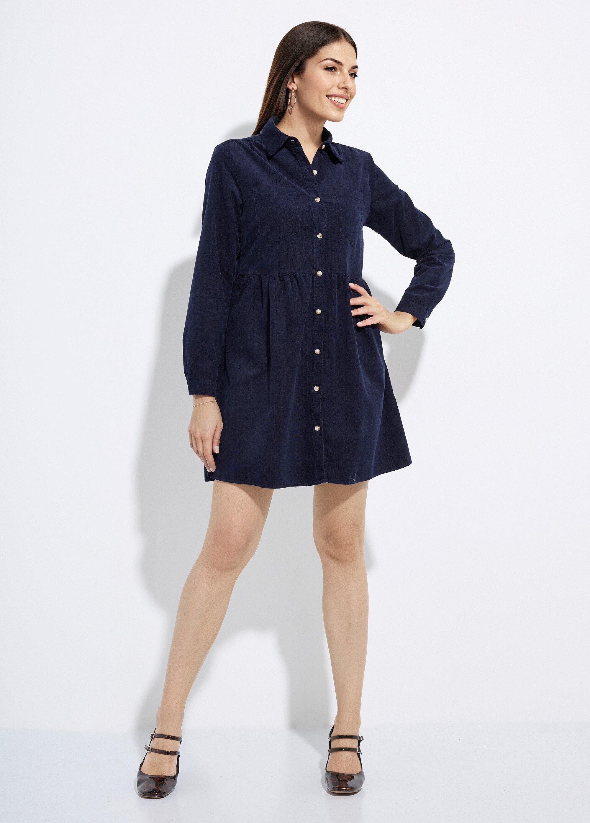 Velvet_shirt_dress_with_pleated_waist_Marine_FA1_slim