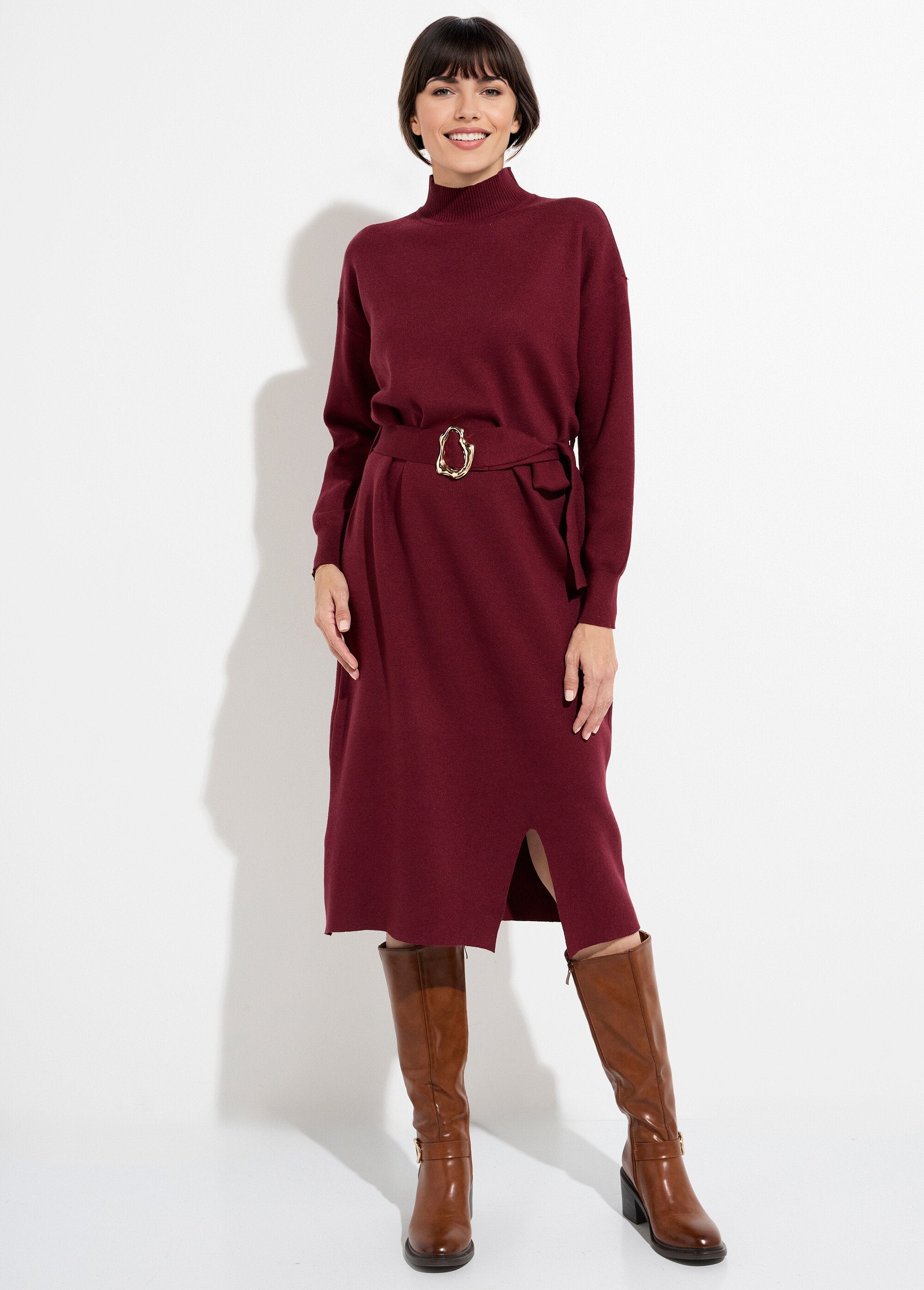 High-neck_sweater_dress_with_metal_belt_Bordeaux_FA1_slim