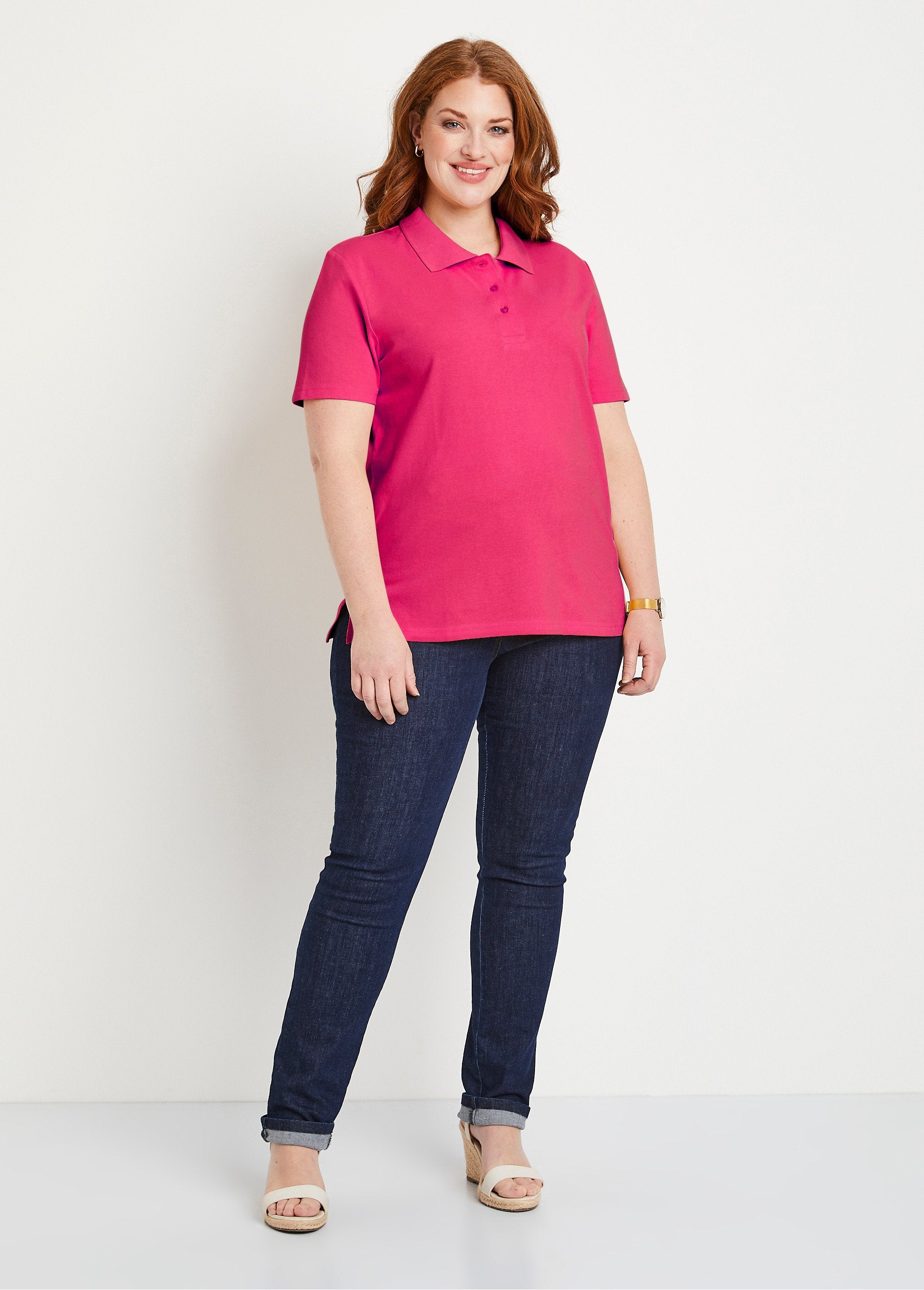 Cotton_piqué_knit_t-shirt_with_polo_collar_Fuchsia_SF1_curvy