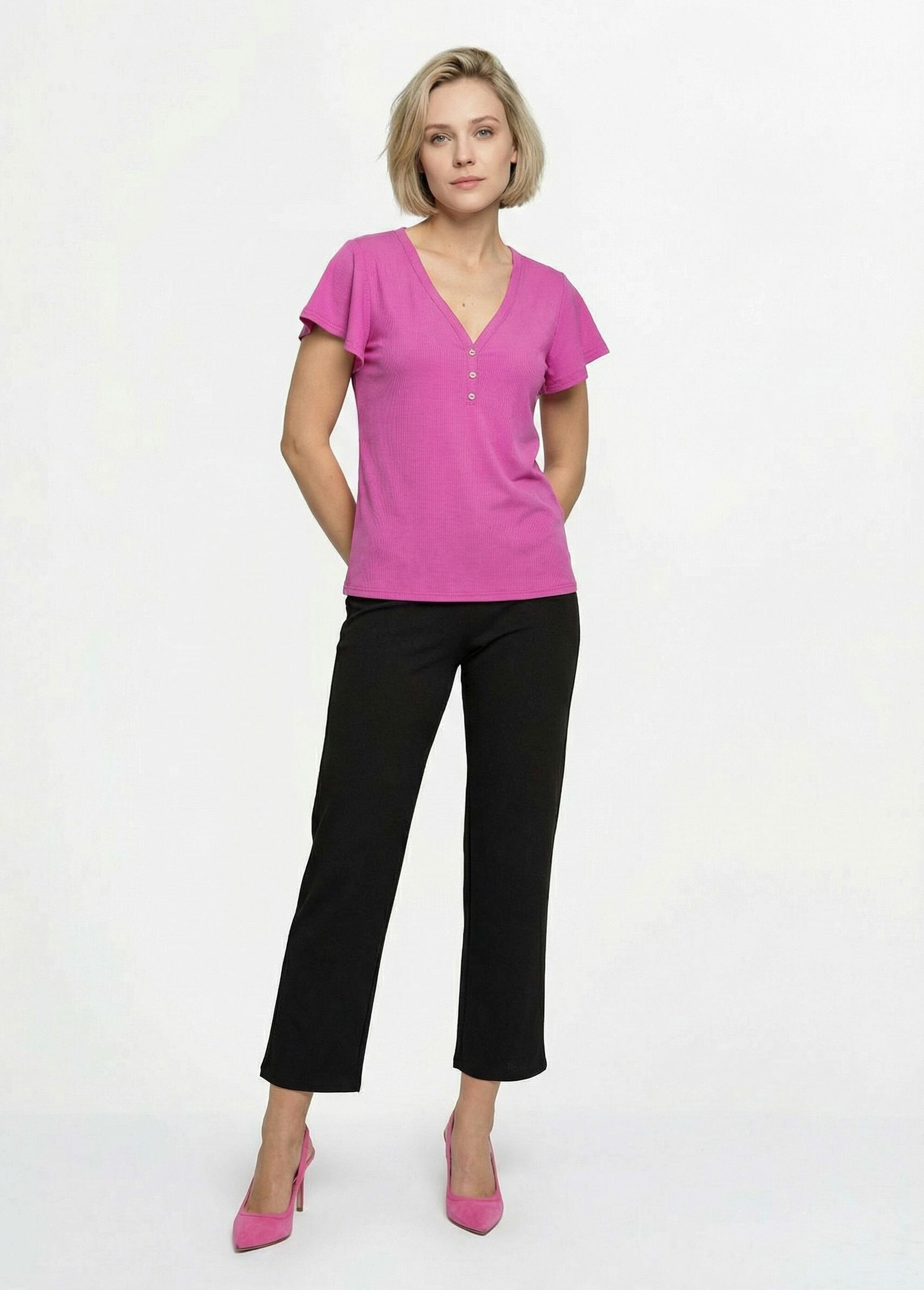 T-shirt_col_V_jersey_cotelé,_Essentiel_Fuchsia_SF1_slim