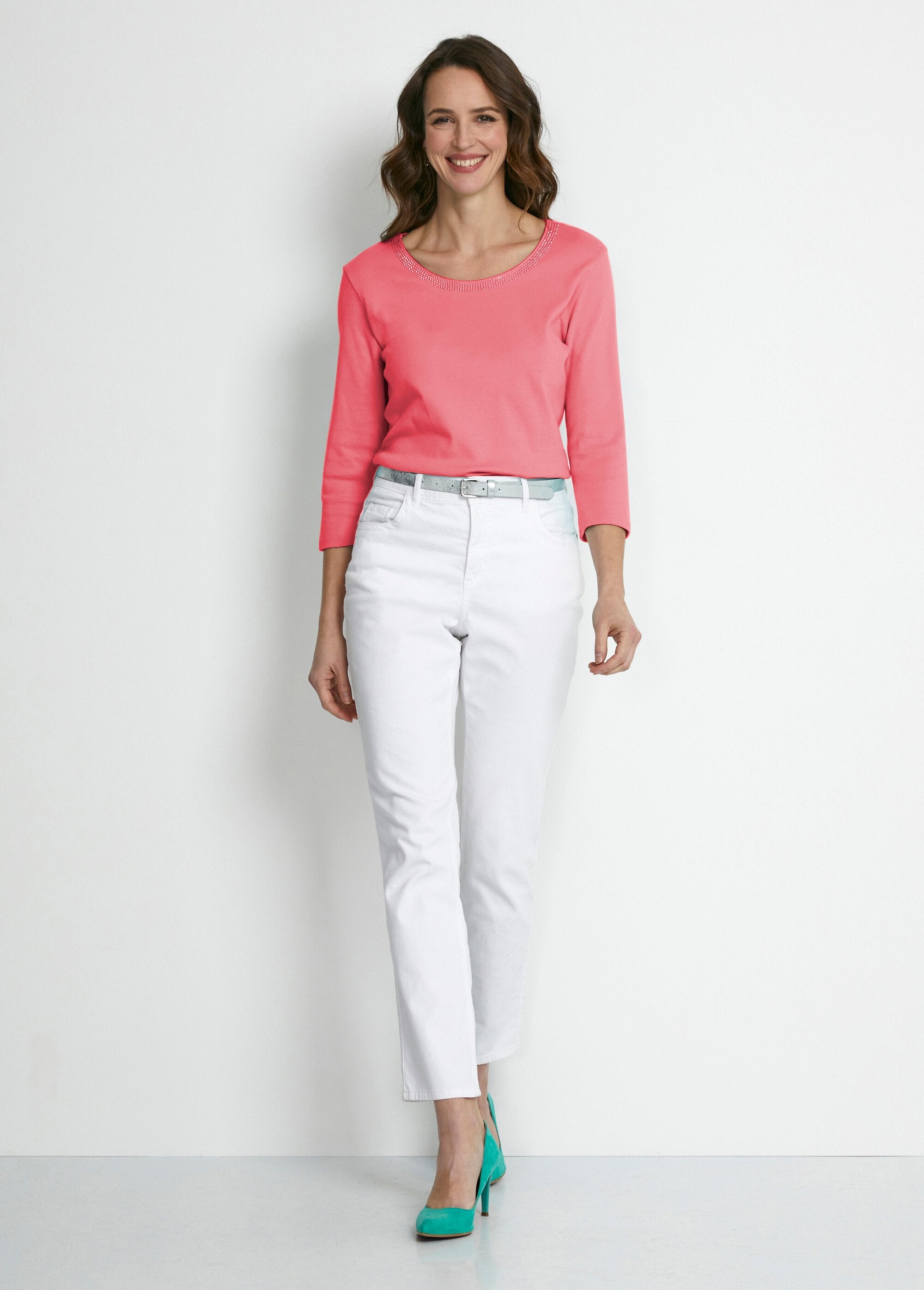 Fancy_studded_3/4_sleeve_T-shirt_Coral_SF1_slim