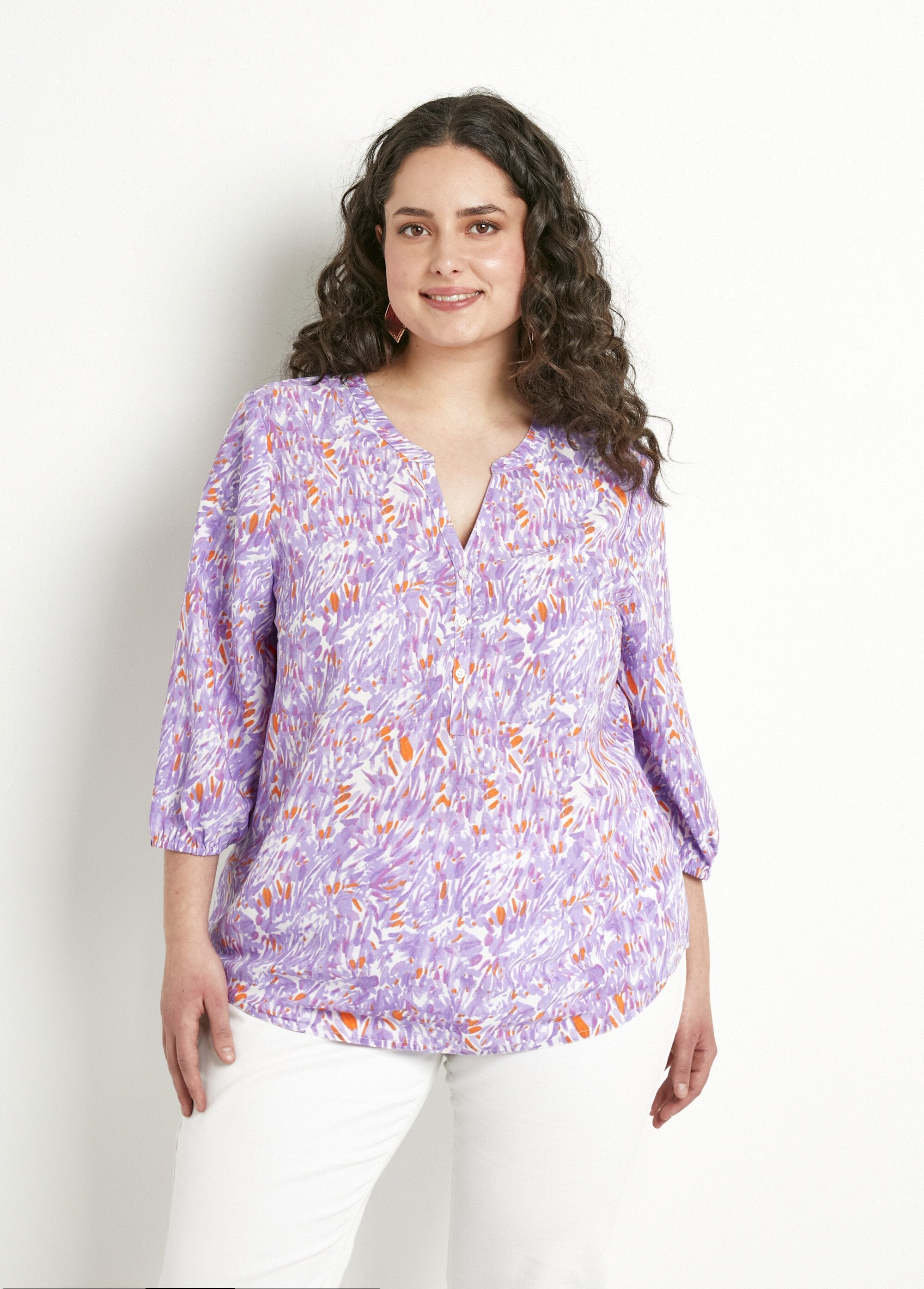 Loose_long_printed_tunic_with_3/4_sleeves_Purple_print_FA1_curvy